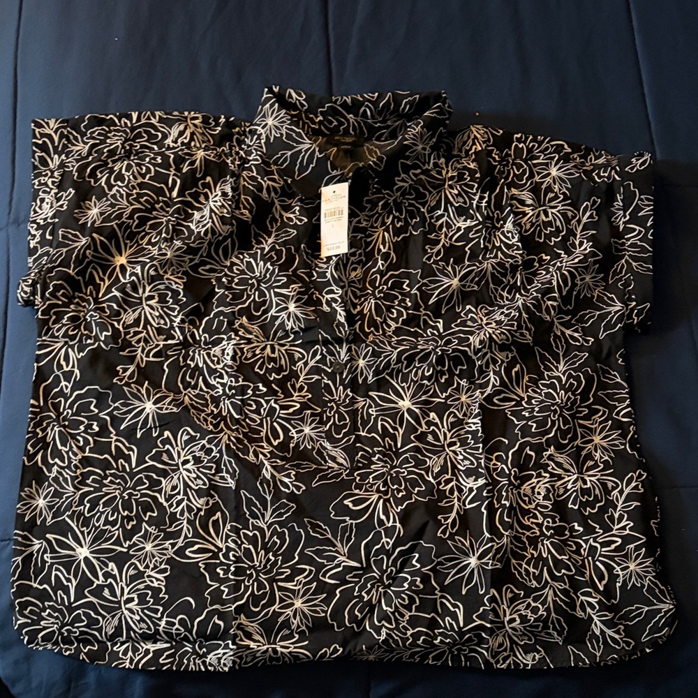 Ann Taylor Black Blouse with White Floral Design